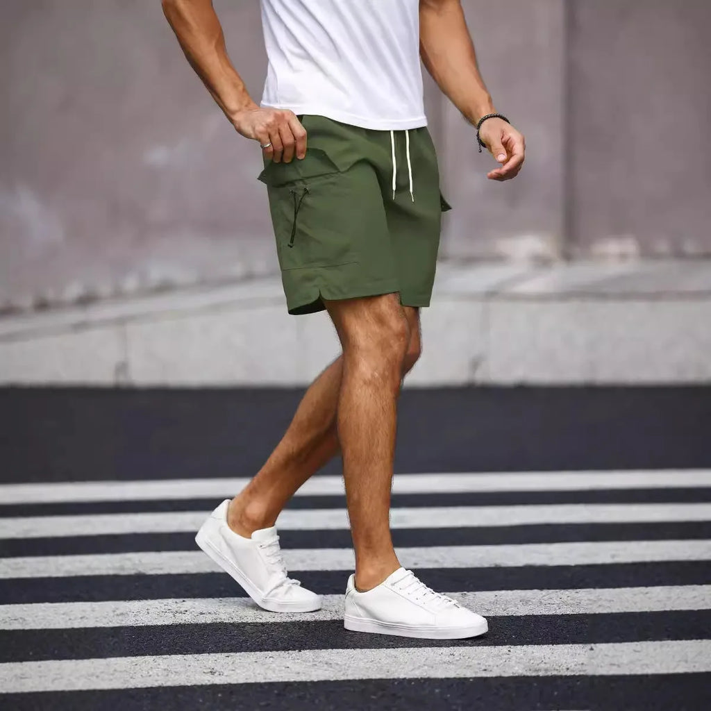 Men's loose fit work shorts in cool silk cotton polyester fabric, available in fluorescent green and army green colours