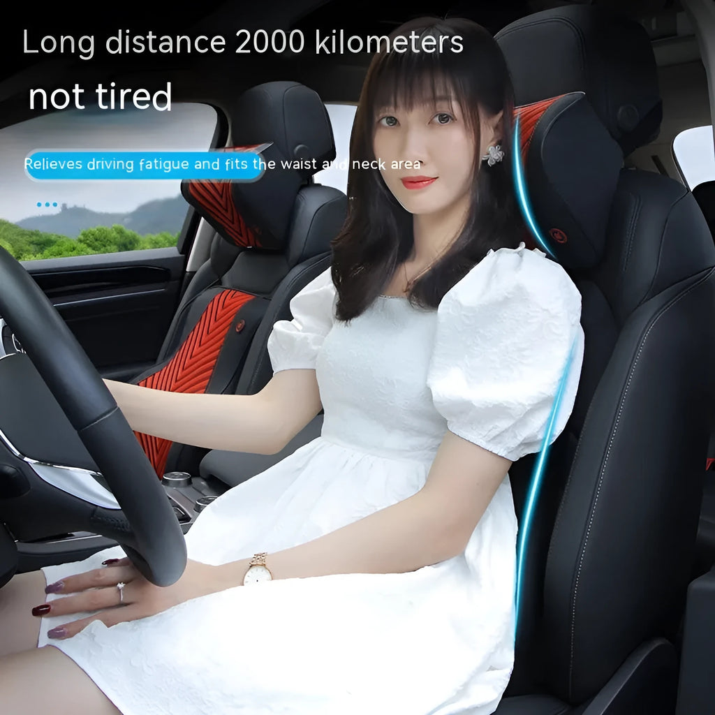 Car electric massage heating headrest lumbar support pillow with memory foam in black and orange