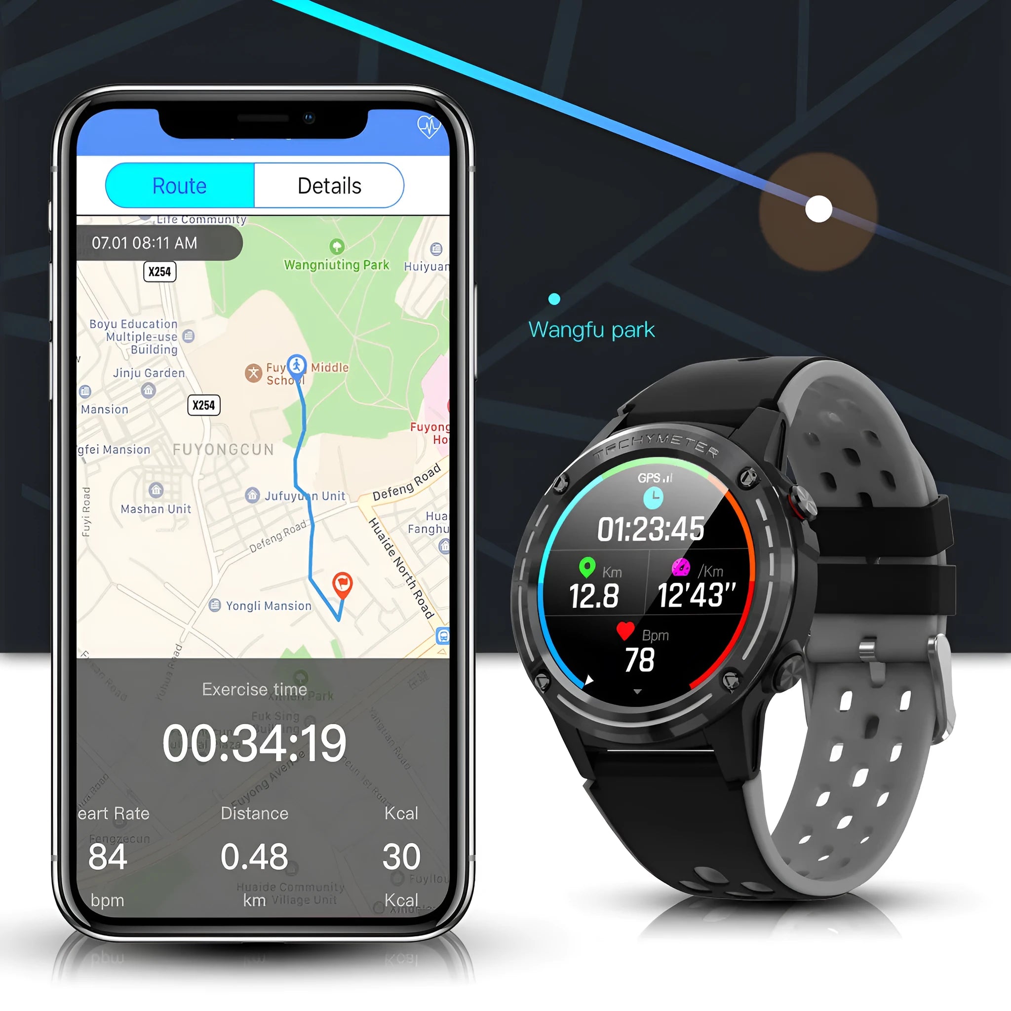 GPS smart watch with square face and silicone sport band in four colour options