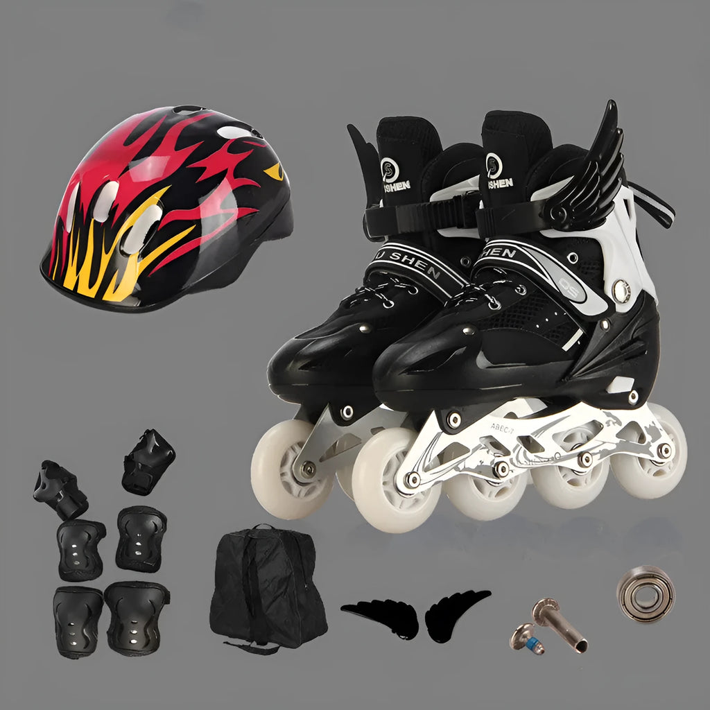 Set of children's adjustable roller skates with helmet and protective gear on a backpack.