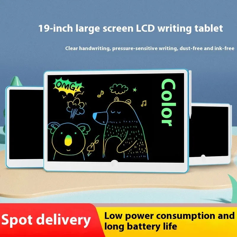 19-inch blue and white rechargeable LCD drawing board for children with stylus.