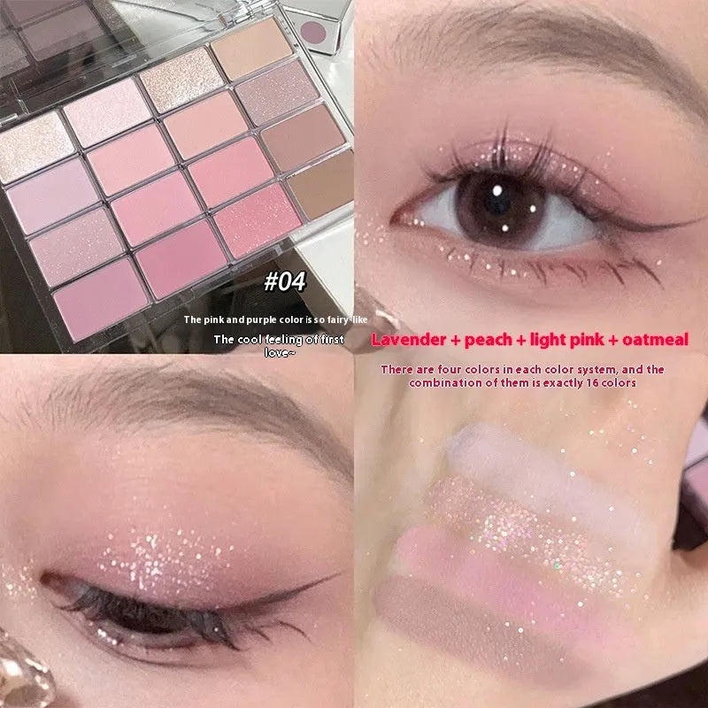 16 colour eyeshadow plate with shimmer and matte finishes in pink and brown shades