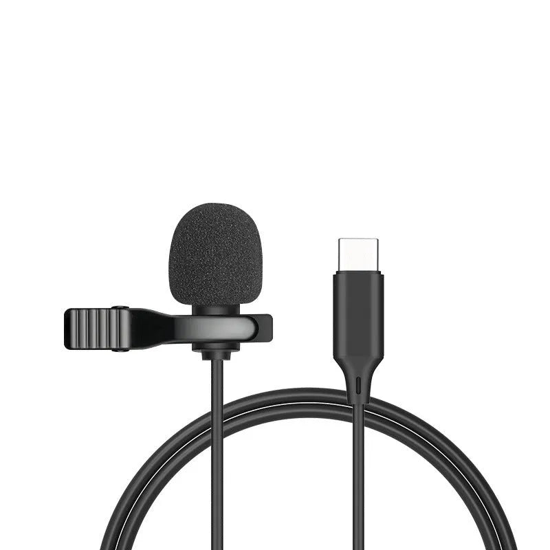 Silver metal lavalier clip microphone attached to a 1.5m black cable with in-ear headphones and a 3.5mm plug.