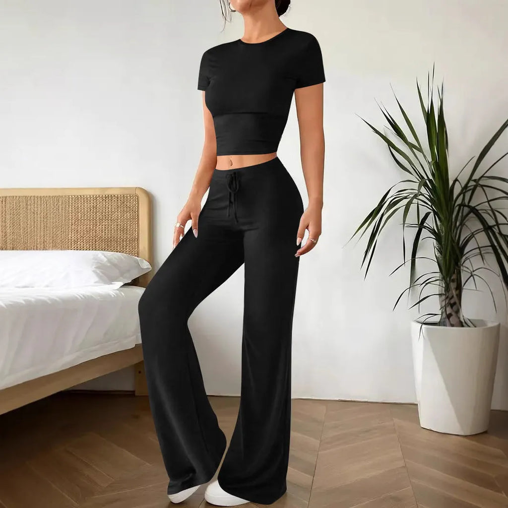 Black high waist trousers and short sleeve t-shirt women's suit set