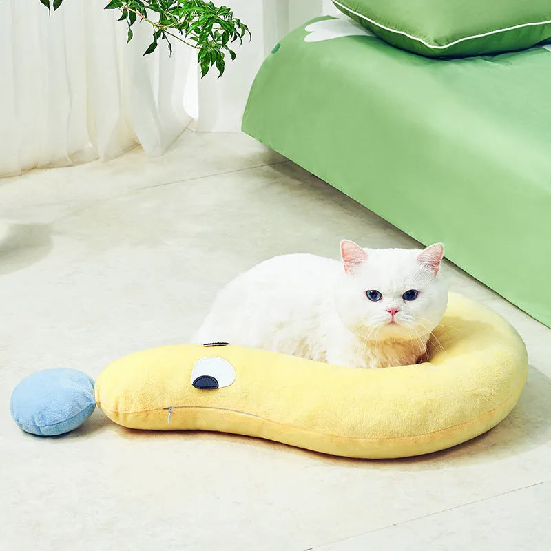Blue and yellow rectangular pet pillow for dogs and cats, measuring 62cm by 39cm.