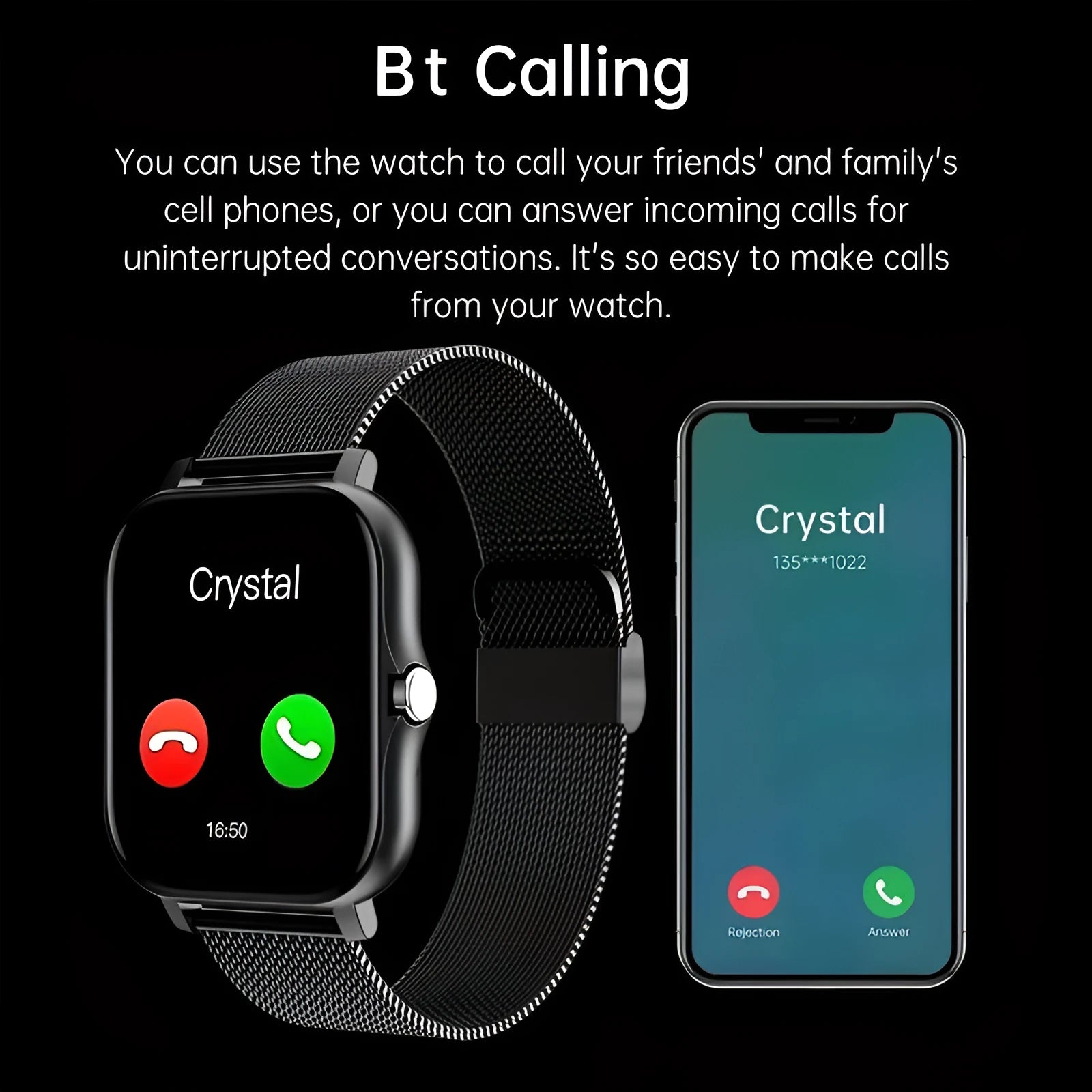 Smart watch with touch screen showing Bluetooth calling interface and health metrics