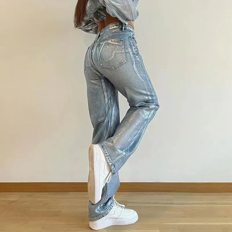 Blue high waisted straight leg jeans with silver contrast details on denim fabric