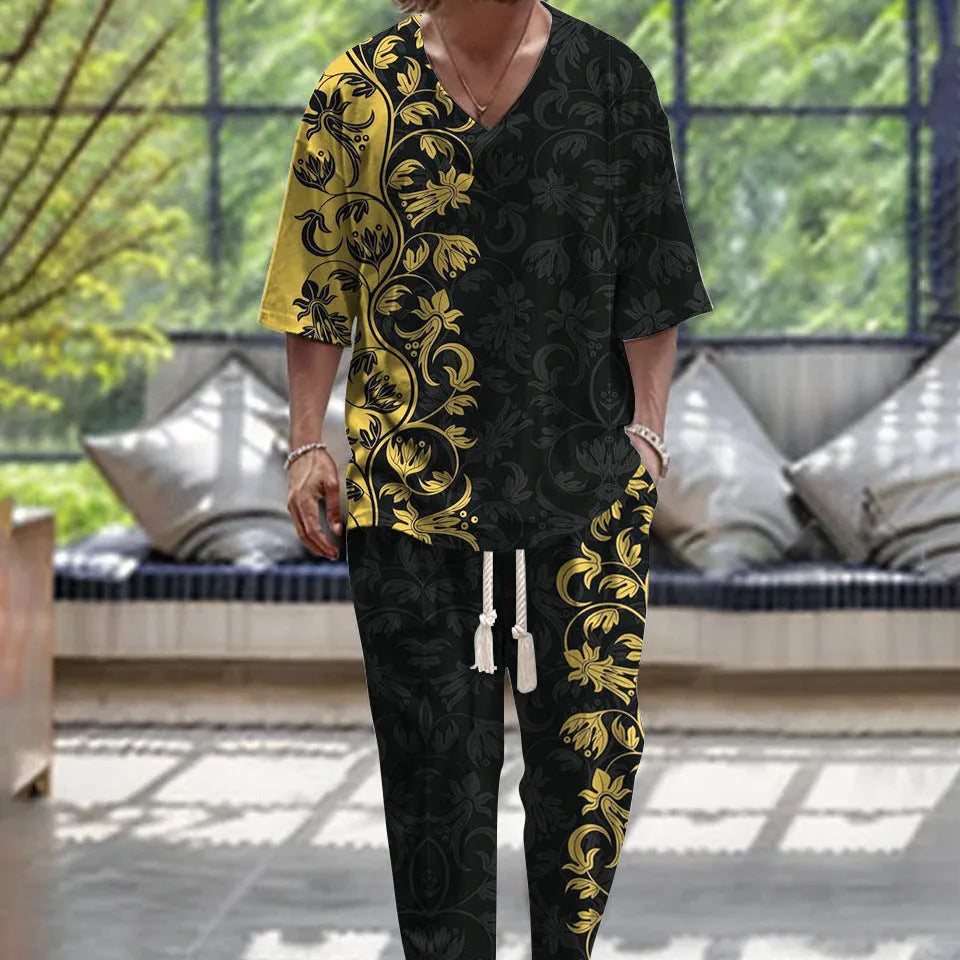 Man wearing a thin V-neck cropped sleeve jacket and matching trousers from the polyester suit set.