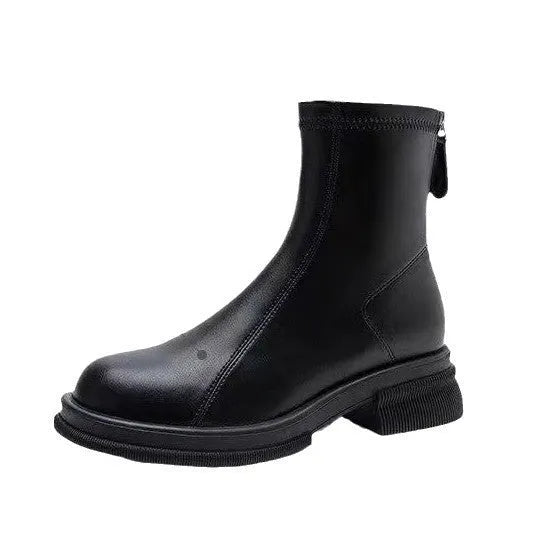 Women's black ankle boots with thick flat heel and back zipper, round toe design