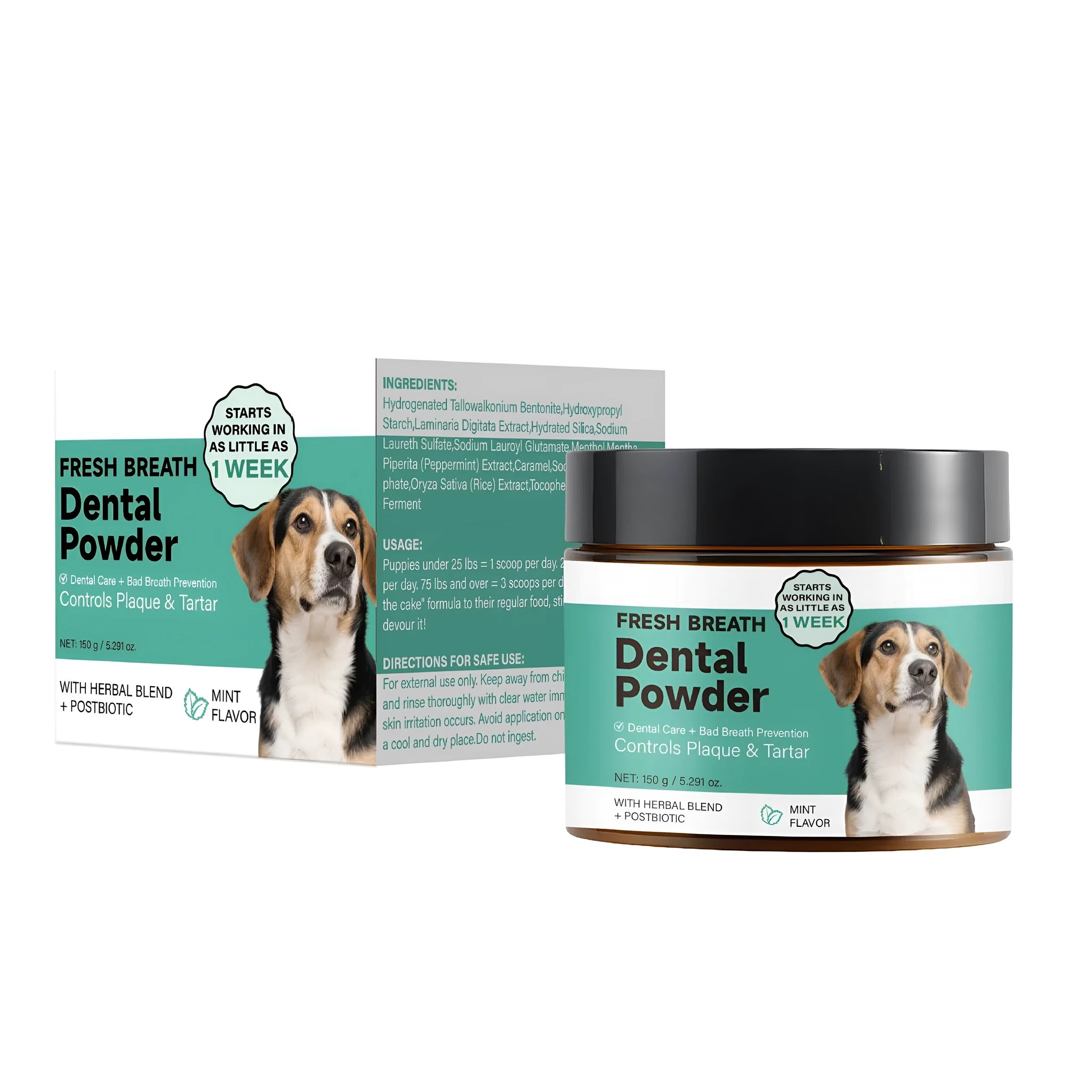 150g tub of dog dental cleaning powder with activated charcoal for plaque reduction
