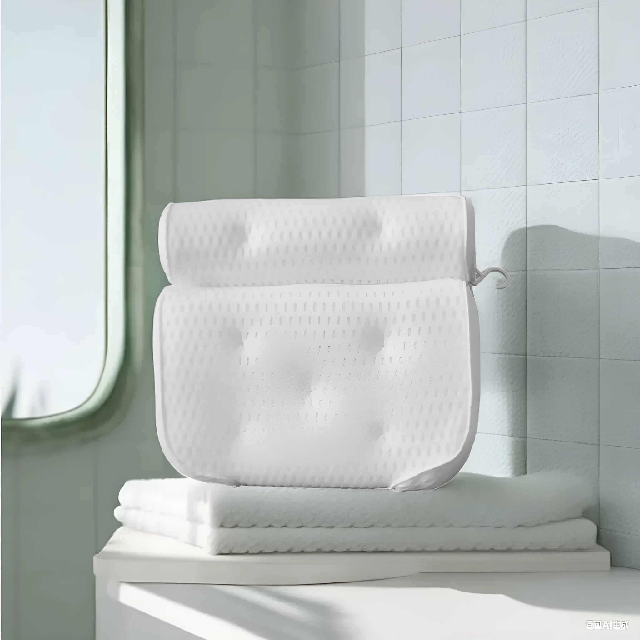 White bathtub pillow with mesh fabric and suction cups on a bathtub edge.