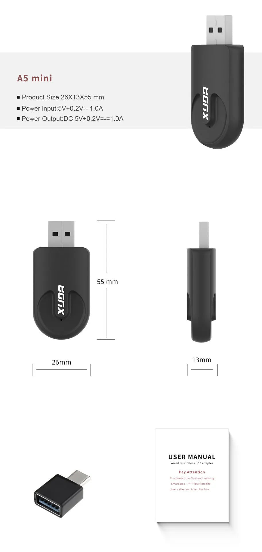 Black mini CarPlay USB interface adapter showing compact 26×55×13mm dimensions