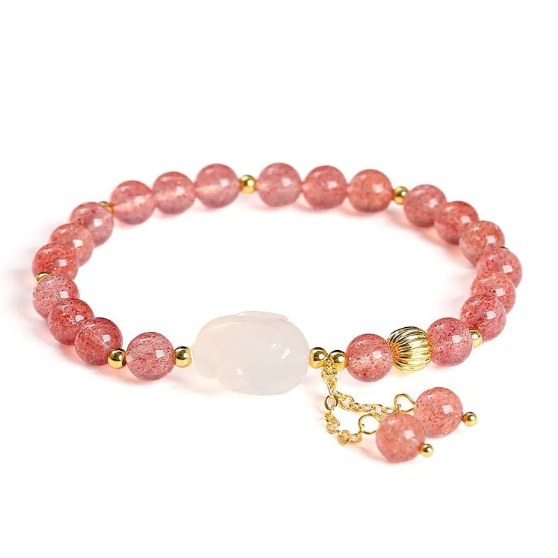 Strawberry quartz agate white rabbit bracelet with round 6mm beads handmade sweet style for women