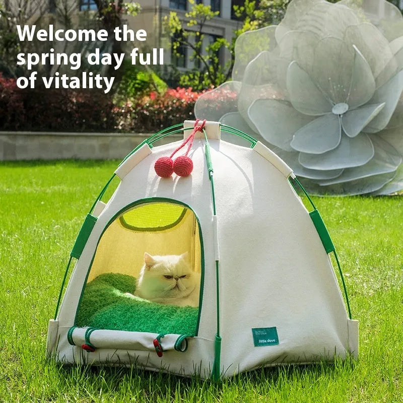 Dome-shaped cloth cat nest tent for indoor use with optional thick pad, suitable for cats and small dogs.
