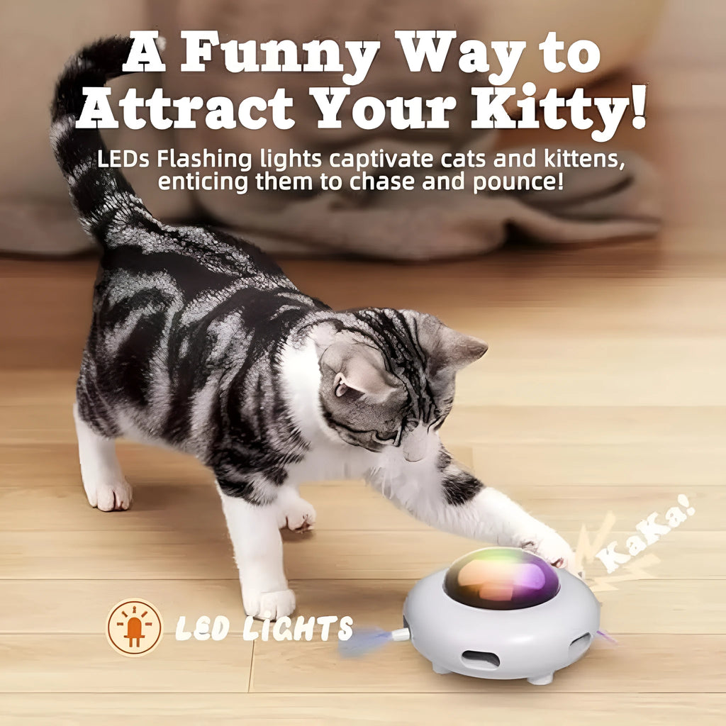 White interactive UFO cat toy with colourful LEDs and feather holes on a wooden floor