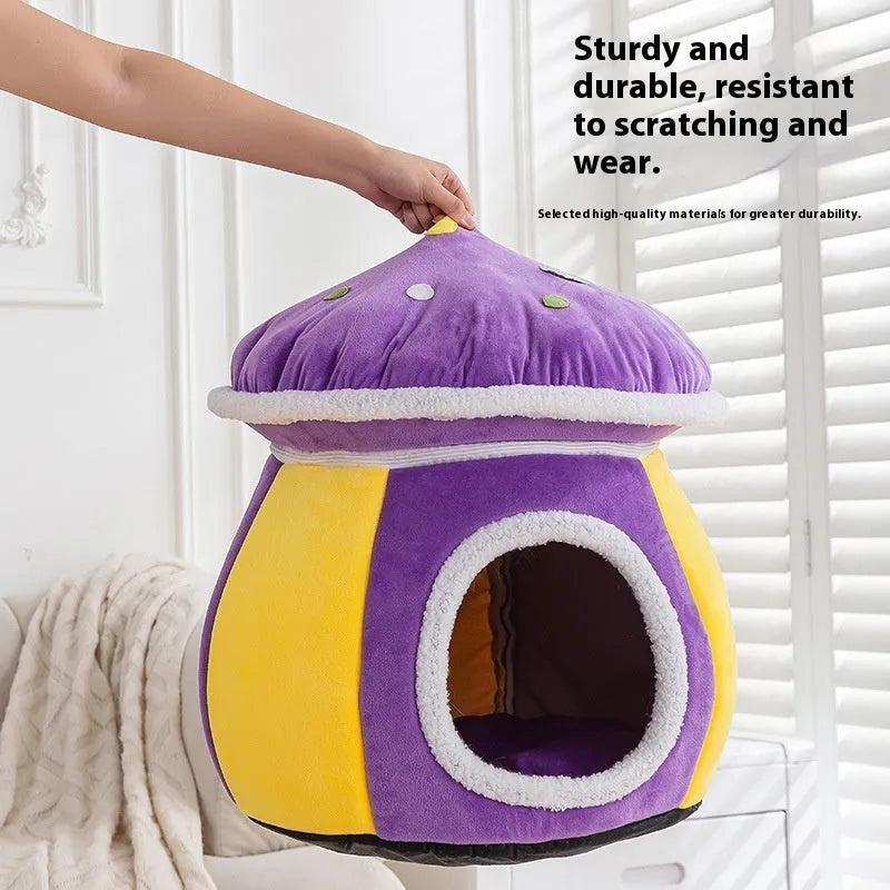 Grey mushroom-shaped plush cat bed with raised sides, showing a cosy nest for a cat.