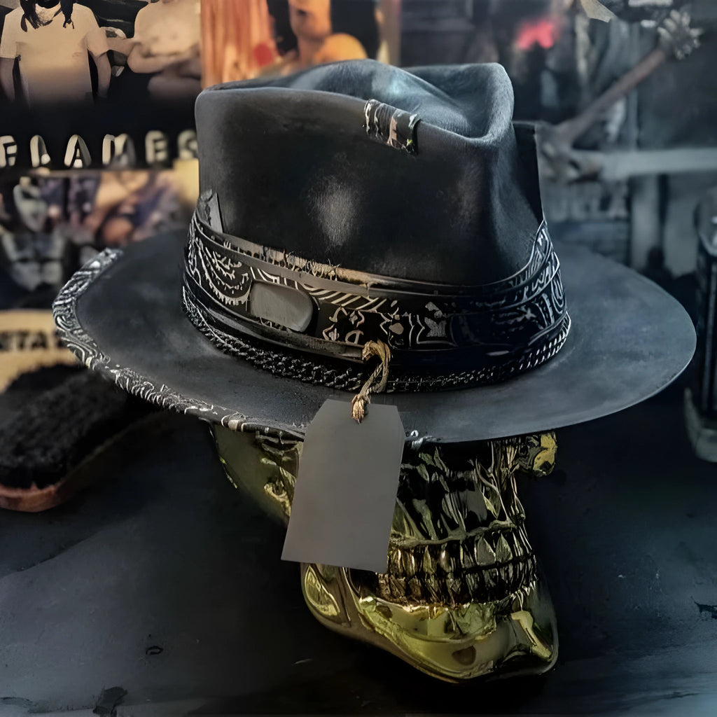 Wool felt conical crown skull hat with handmade Halloween design