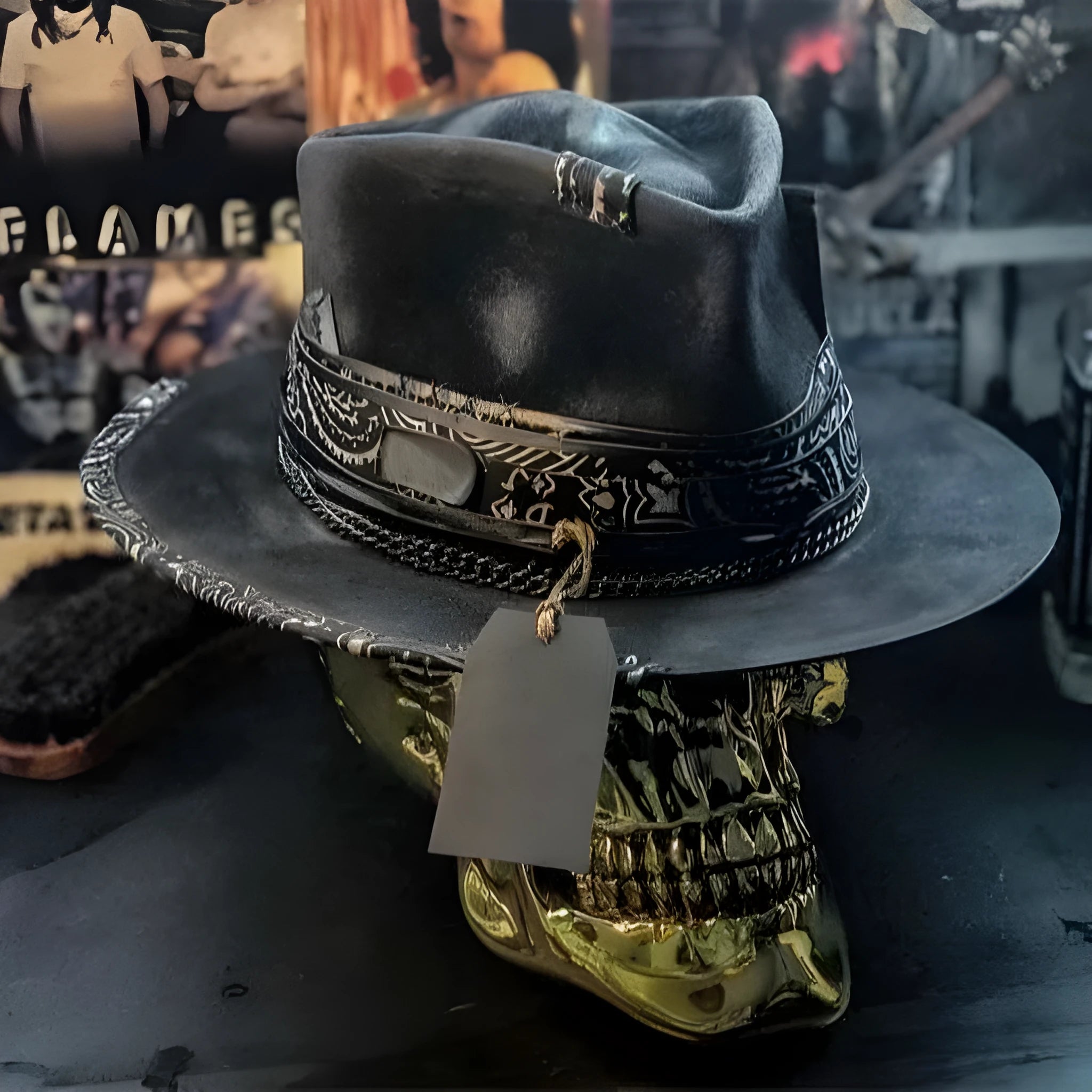 Wool felt conical crown skull hat with handmade Halloween design