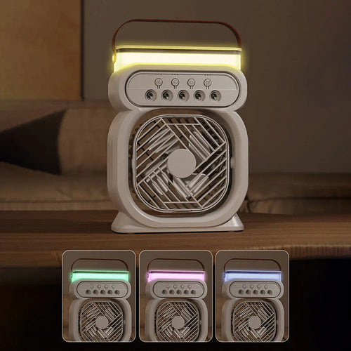 3 in 1 portable evaporative air cooler with LED night lights and USB cable on desk