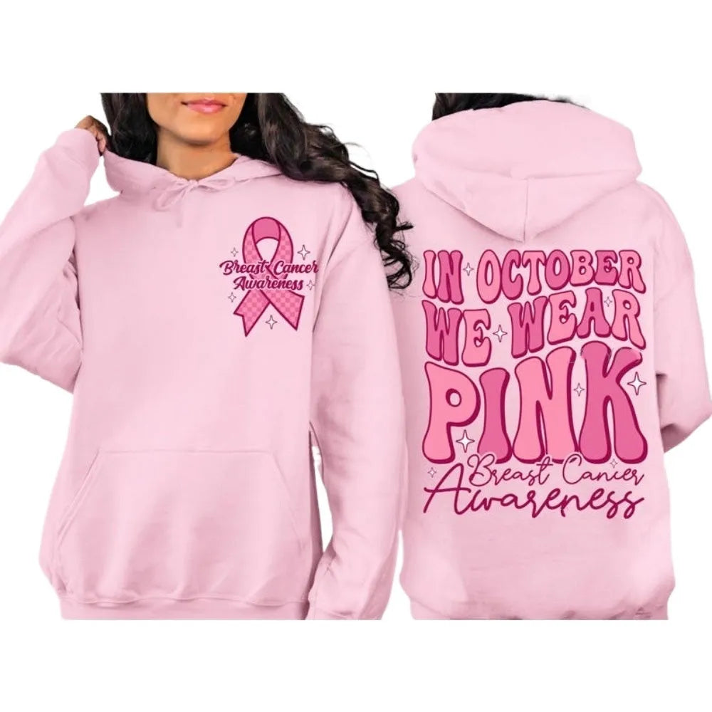 Pink Breast Cancer Awareness women's hooded sweatshirt with retro print and side seam pockets.