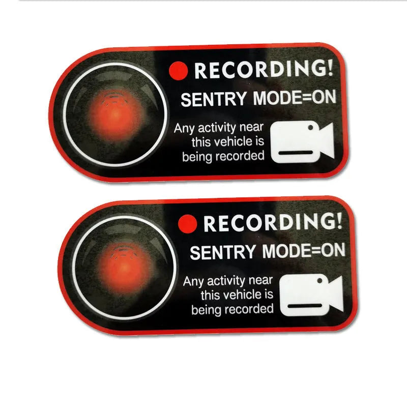 Pair of electrostatic PVC sentry mode warning stickers for Tesla, 11x5cm, English version