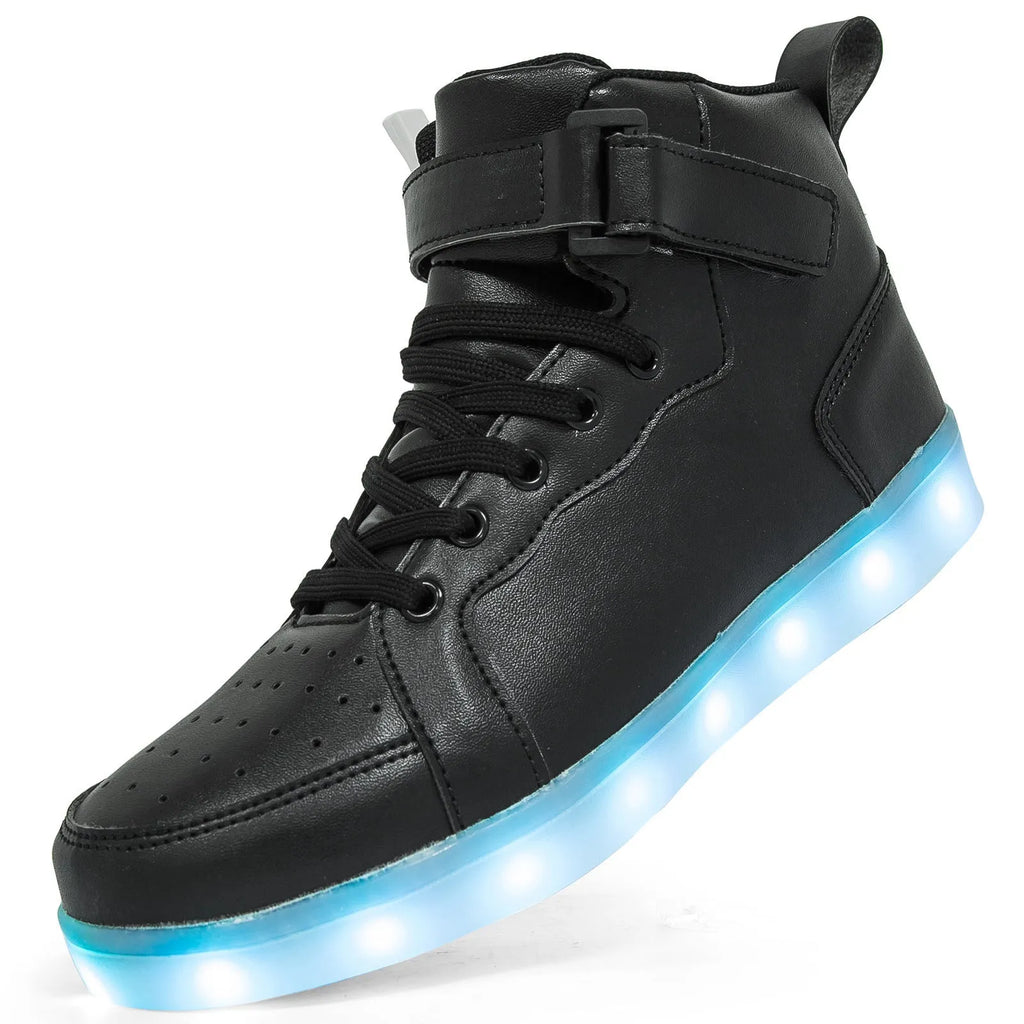 LED high-top light-up shoes in black with Velcro strap and rubber sole.