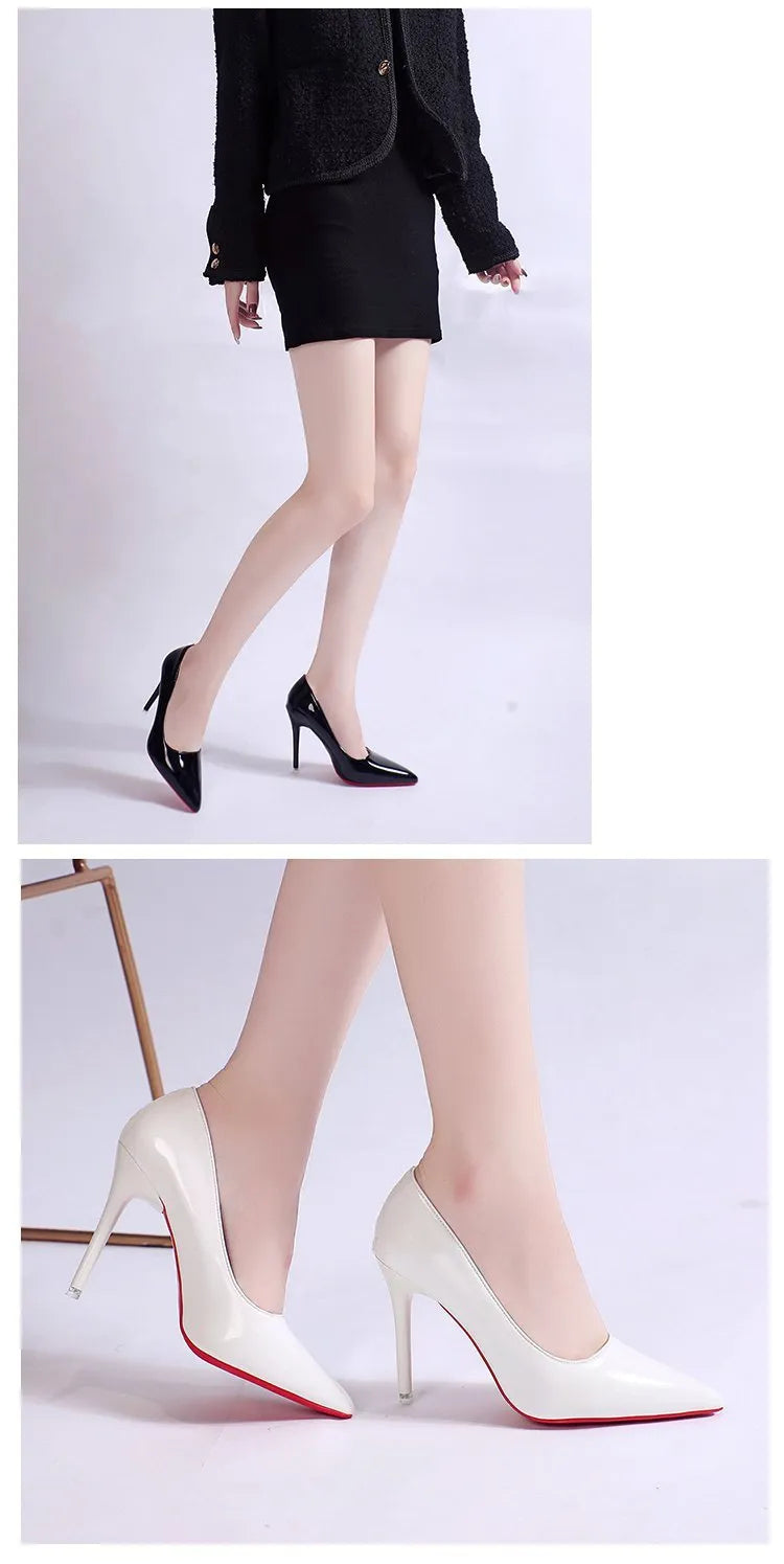 Women's solid colour pointed toe stiletto pump on a white background.