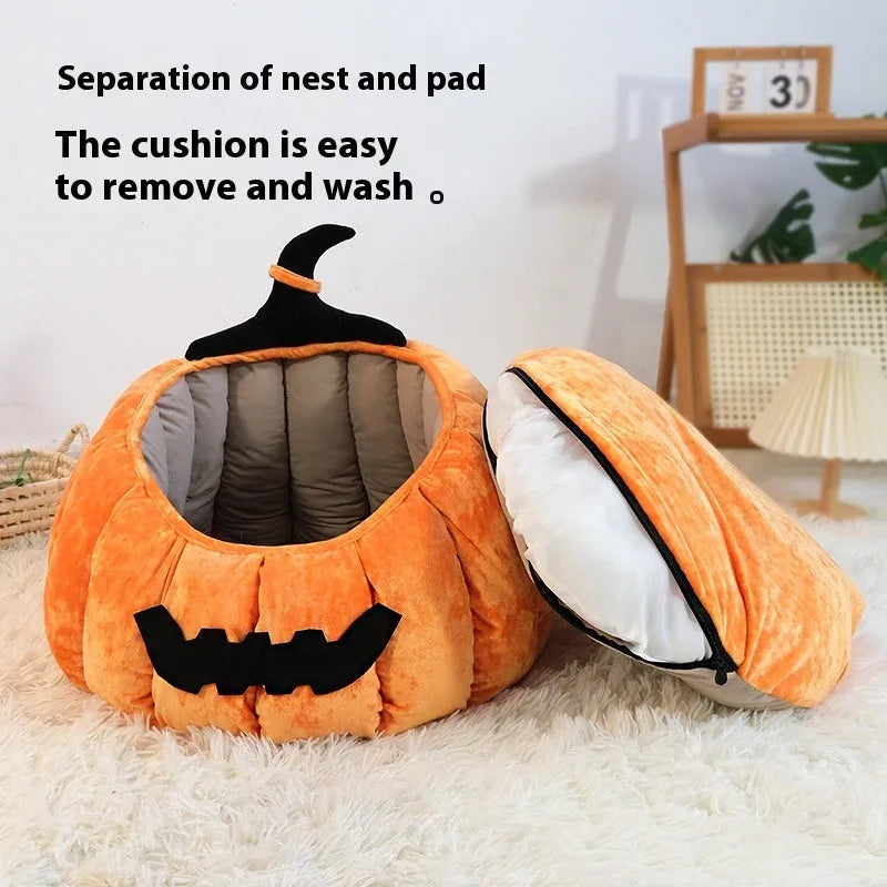 Soft fleece-lined pet bed in orange pumpkin shape for cats and small dogs