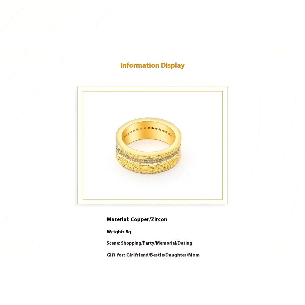 Gold geometric zircon ring for women on a copper base, shown in size 7.