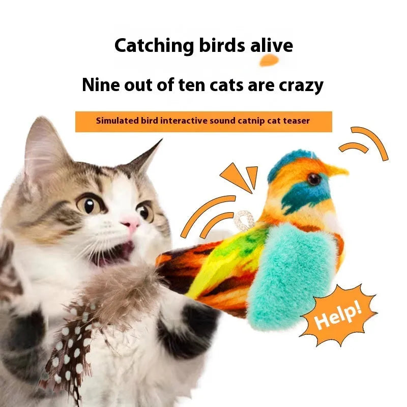 Plush bird simulation cat toy in colourful bird design for interactive pet play