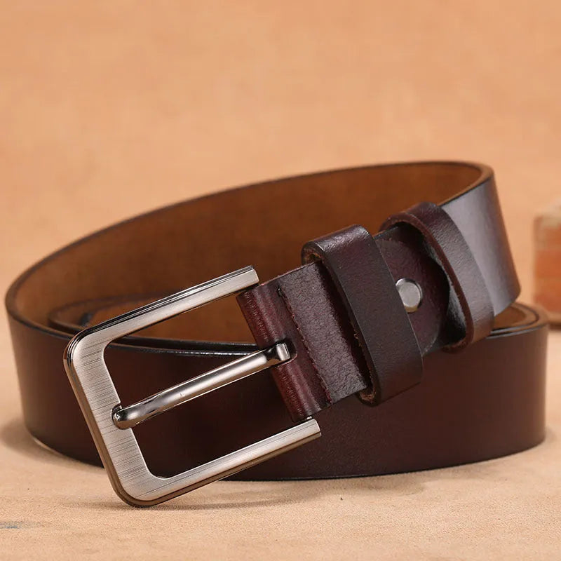 Fashion square head pin buckle casual belt in black and brown colours on a size chart.