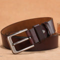 Fashion square head pin buckle casual belt in black and brown colours on a size chart.