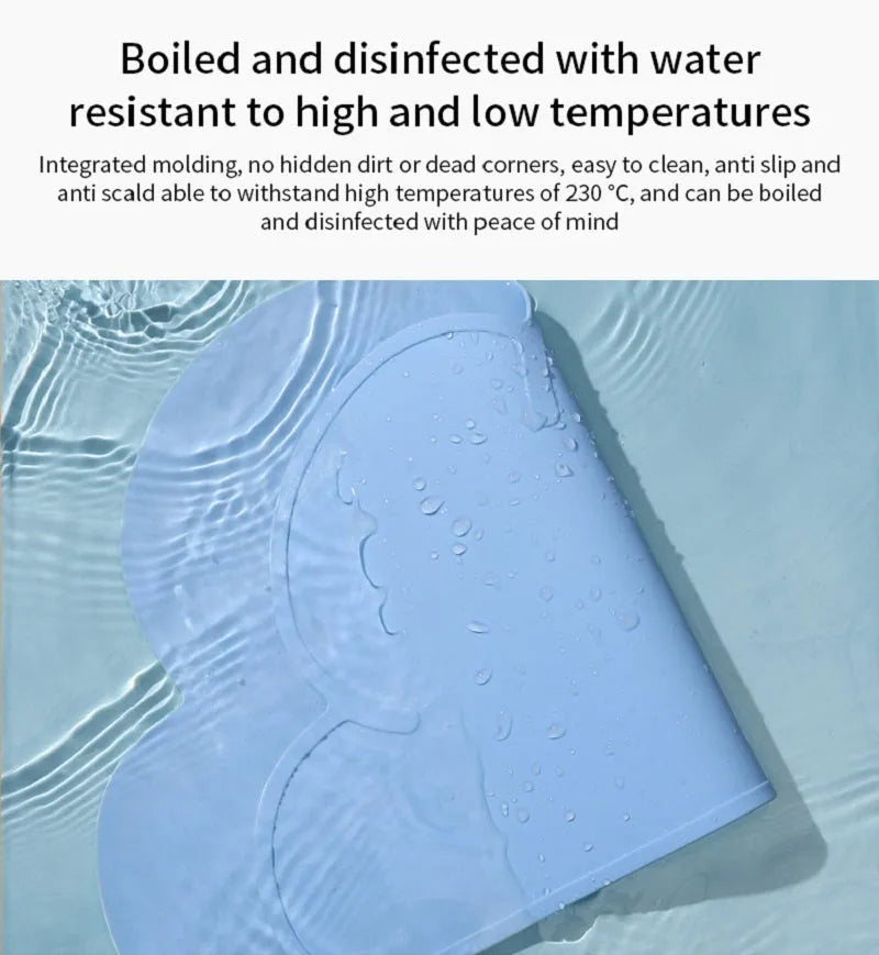 Waterproof silicone pet feeding mat in blue for dog or cat, 44x24cm, with a cat head shape