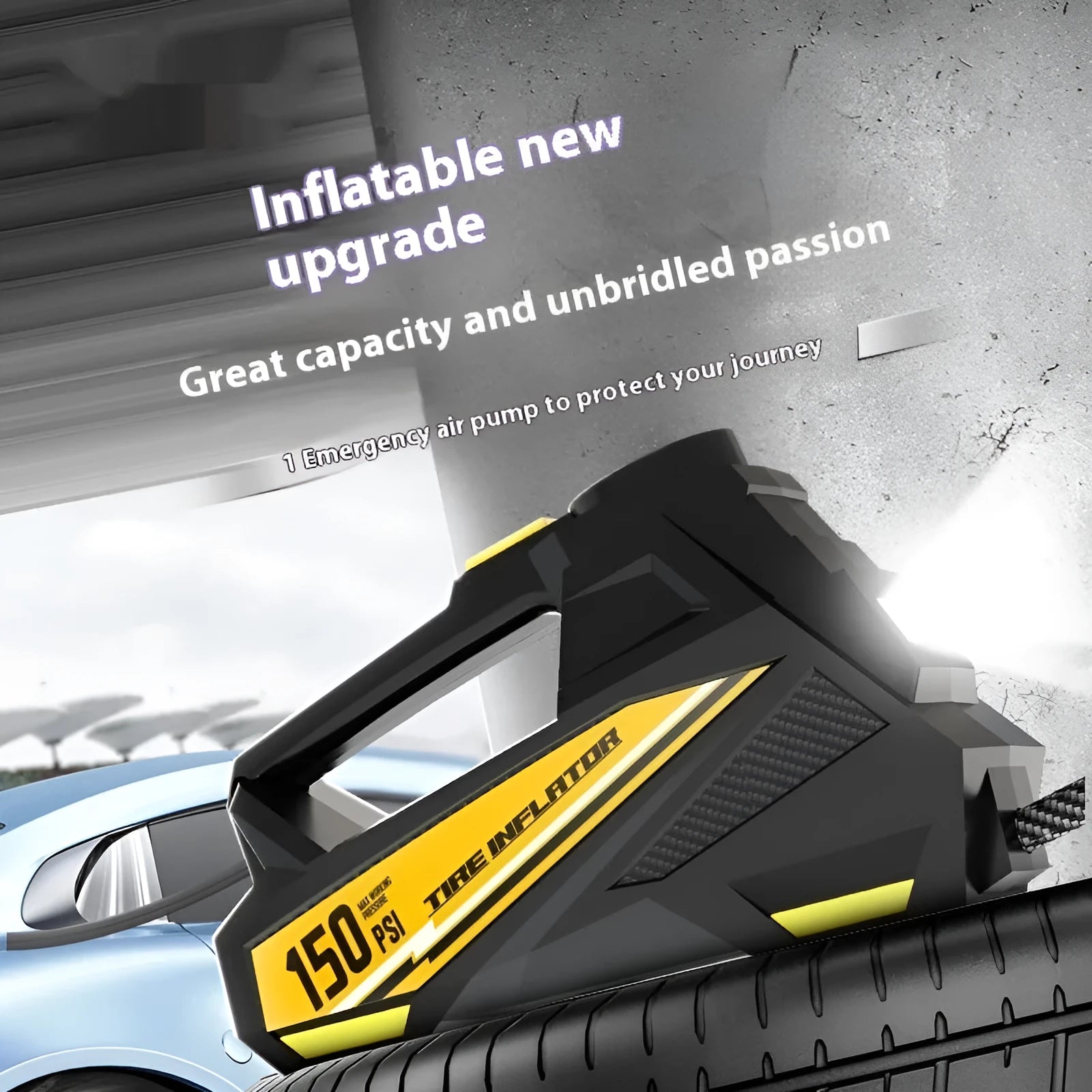 Black portable tyre inflator with digital display and LED light showing 12V car plug