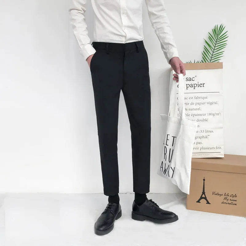 Men's cotton straight-leg trousers in black, with drawstring waist and straight leg opening