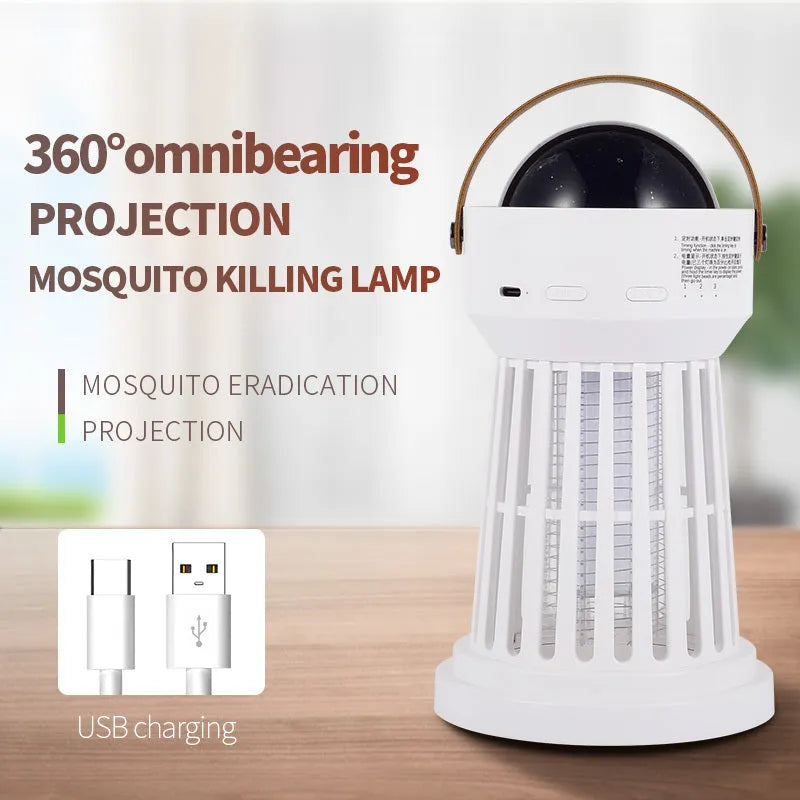 White 2 in 1 electric mosquito killer lamp with star ceiling projection and folding handle on table