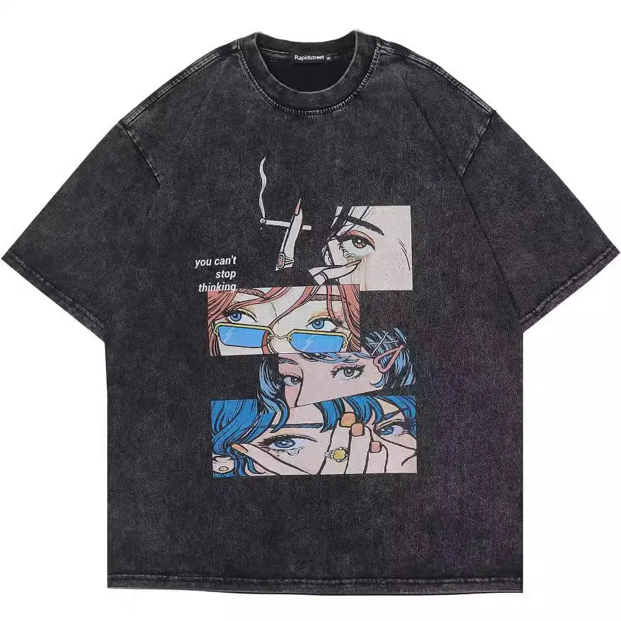 Retro cotton T-shirt with cartoon pattern in loose streetwear style for men
