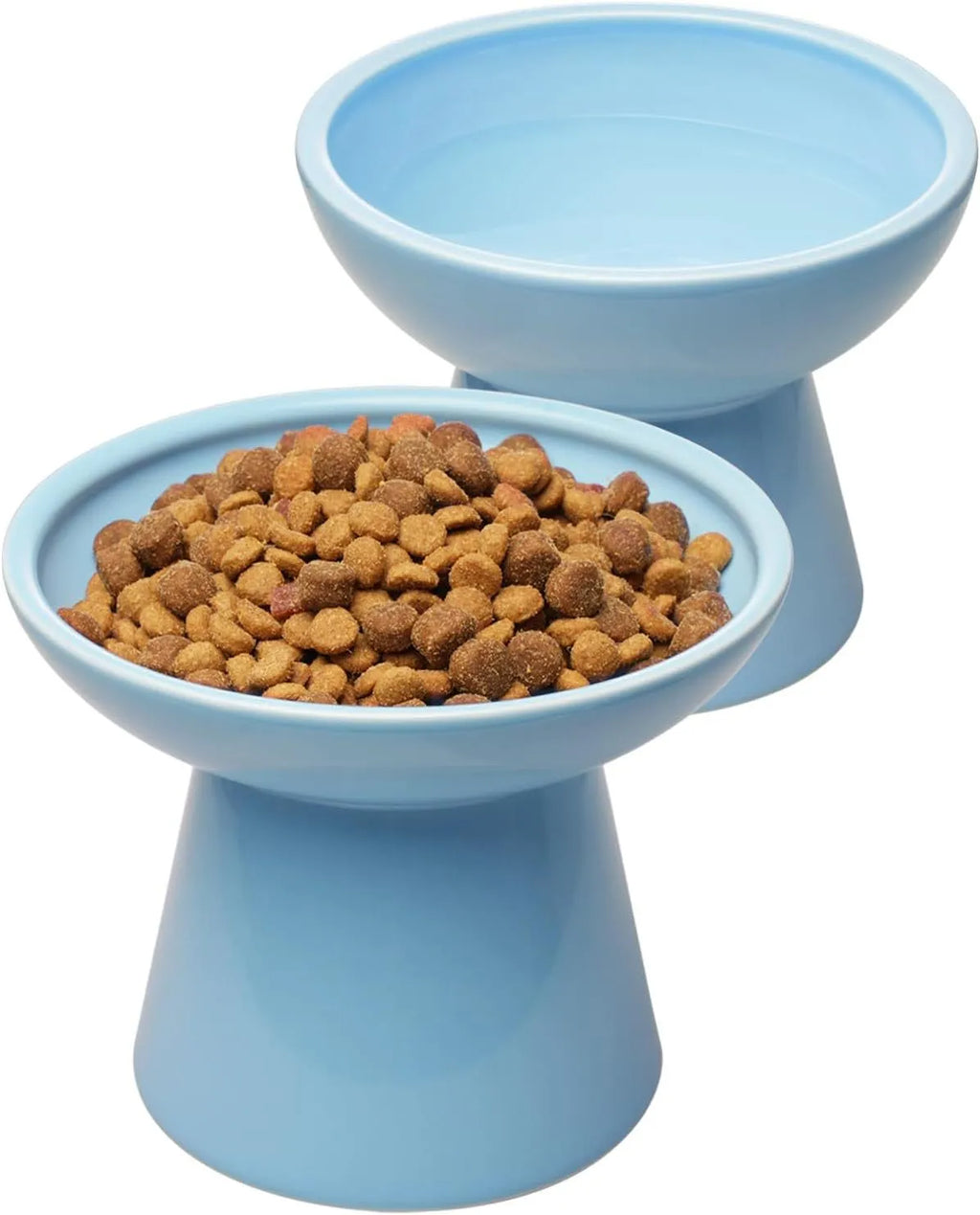 Ceramic elevated cat food bowl in blue, green, pink or white with wide shallow design