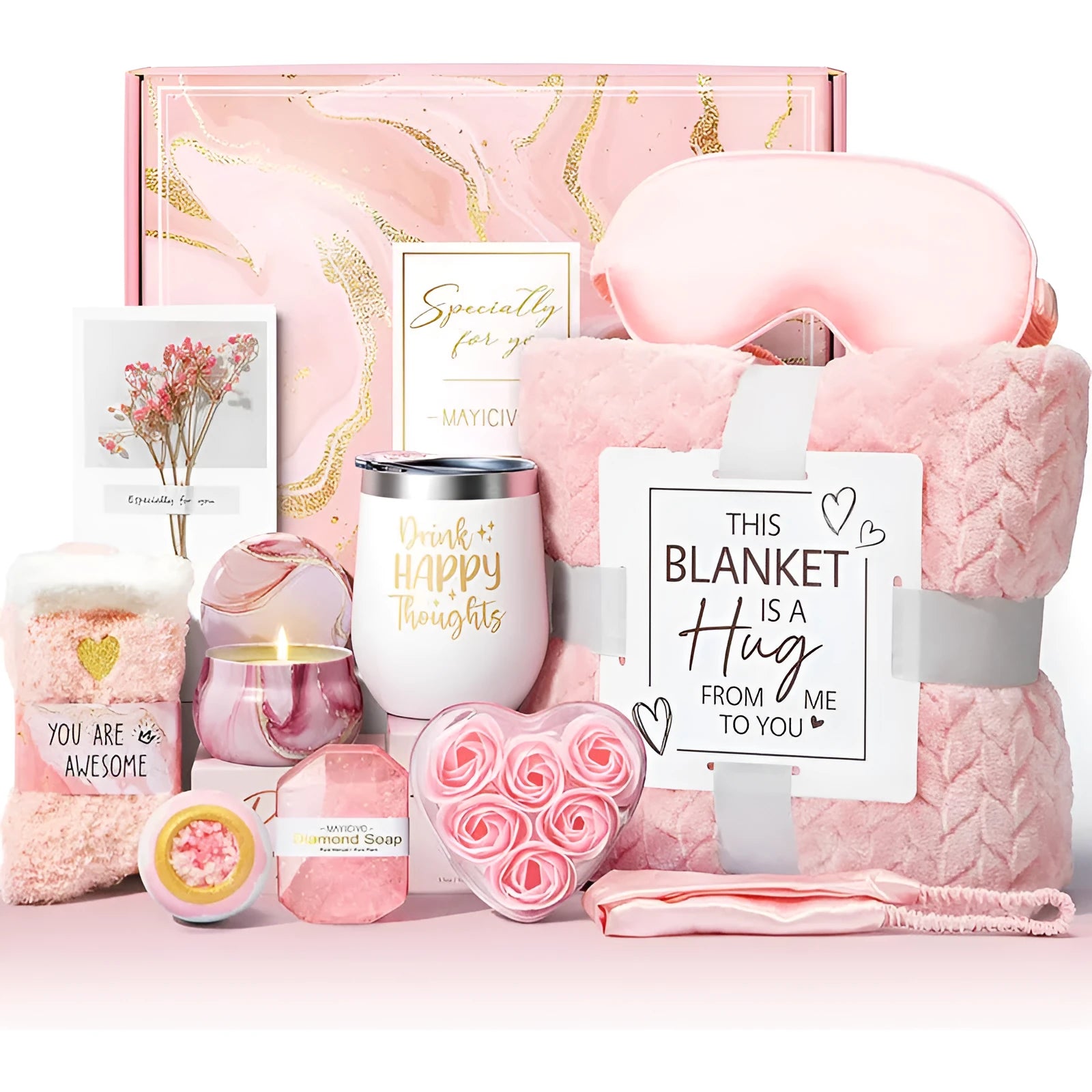 Modern simplicity style aromatherapy candle soap bath gift set in plastic packaging.