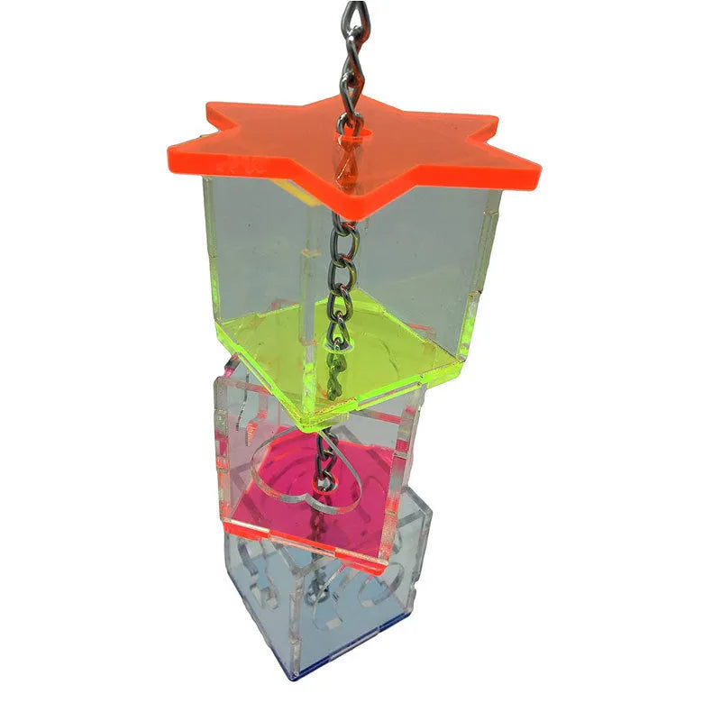 Clear acrylic bird foraging toy measuring 5x5x32 cm for parrots with fruit inside