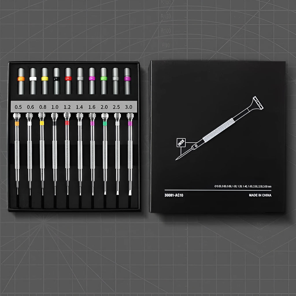 Watch repair tool set with precision manual screwdriver and multiple interchangeable heads including coarse mesh octagonal and round options