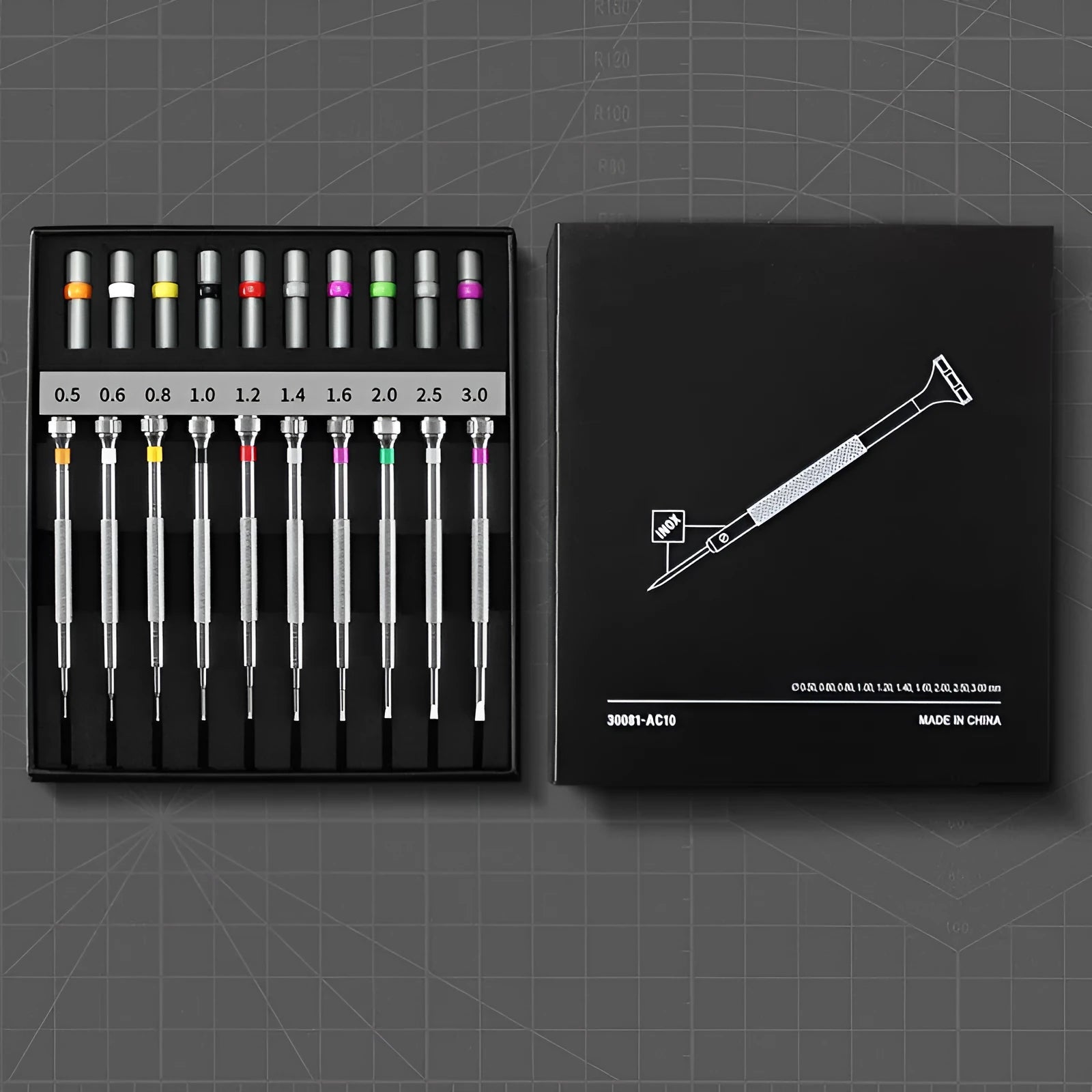 Watch repair tool set with precision manual screwdriver and multiple interchangeable heads including coarse mesh octagonal and round options