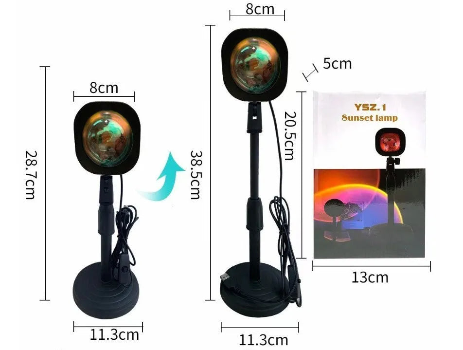 USB rechargeable sunset projection lamp showing rainbow and sun colour patterns
