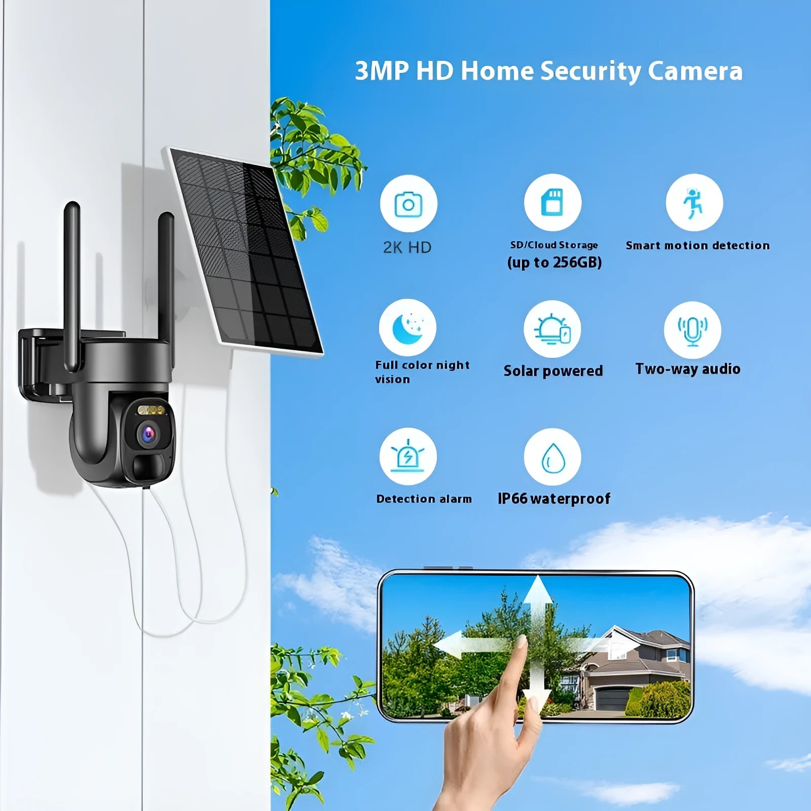 Wireless solar security camera with HD night vision and 355 degree rotation mounted outdoors