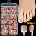 120 piece French white edge false toe nails in nude colours, full square short shape.
