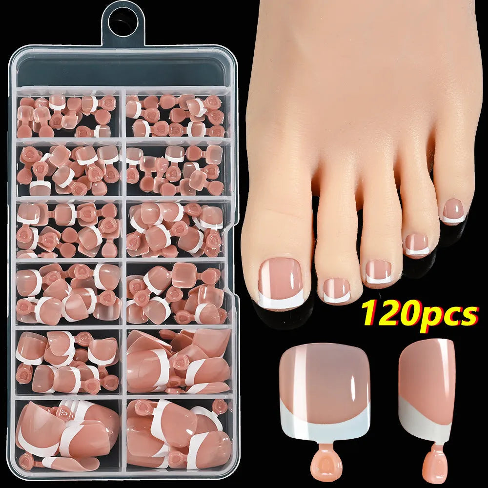 120 piece French white edge false toe nails in nude colours, full square short shape.