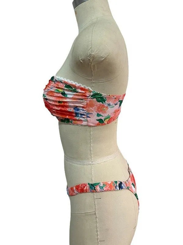 Floral printed tube top bikini set with matching briefs in blue colour option