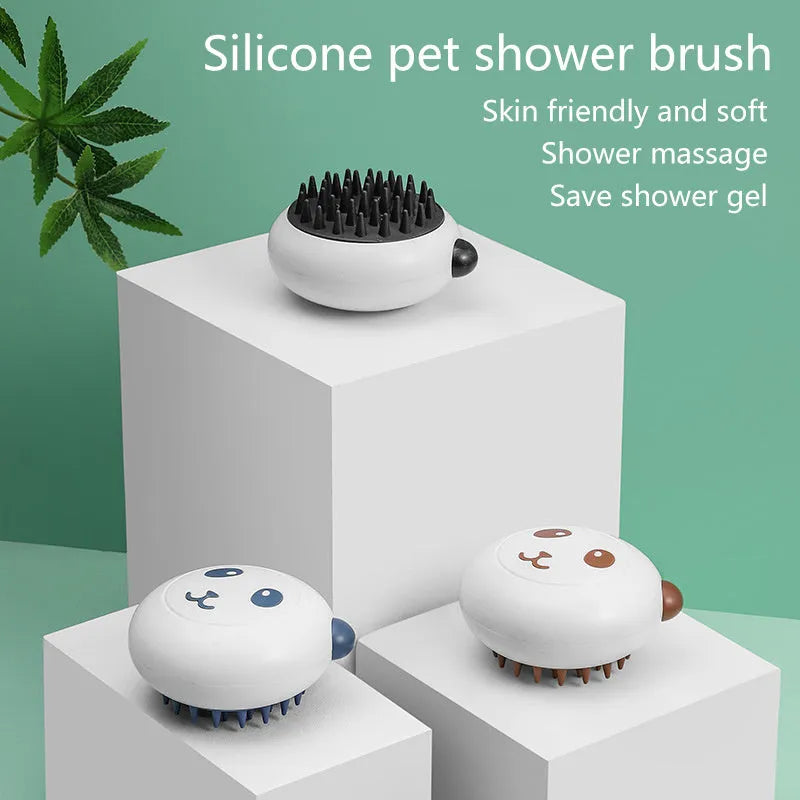 Panda-shaped silicone pet shower brush with soft bristles for cat and dog bathing