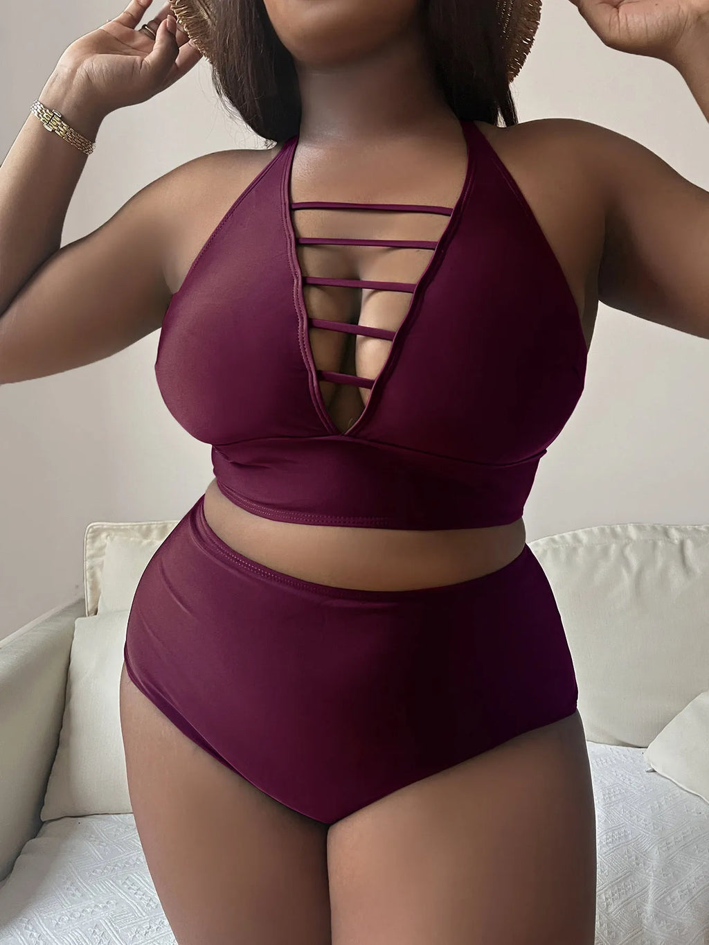 Plus size halter bikini with adjustable cross straps and high waist briefs in solid colour