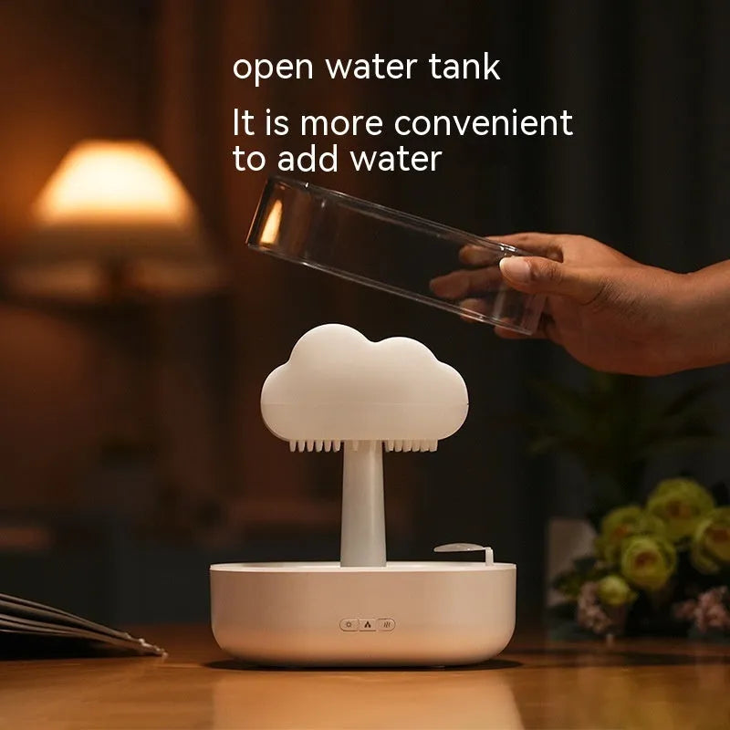 Rain cloud night light humidifier with 7 colour LED lights and raining water drop sound in white